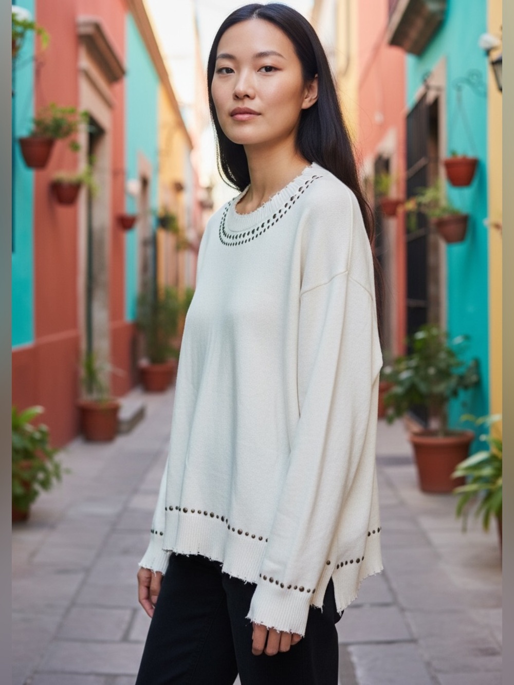 Minnie Rose studded raw edge crew neck oversized sweater NEW SMALL